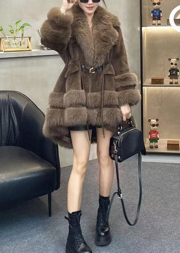 Chic Leopard Fur Collar Drawstring Patchwork Faux Leather Coats Winter