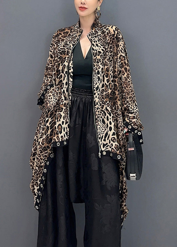 Chic Leopard Zippered Low High Design Cotton Coat Fall