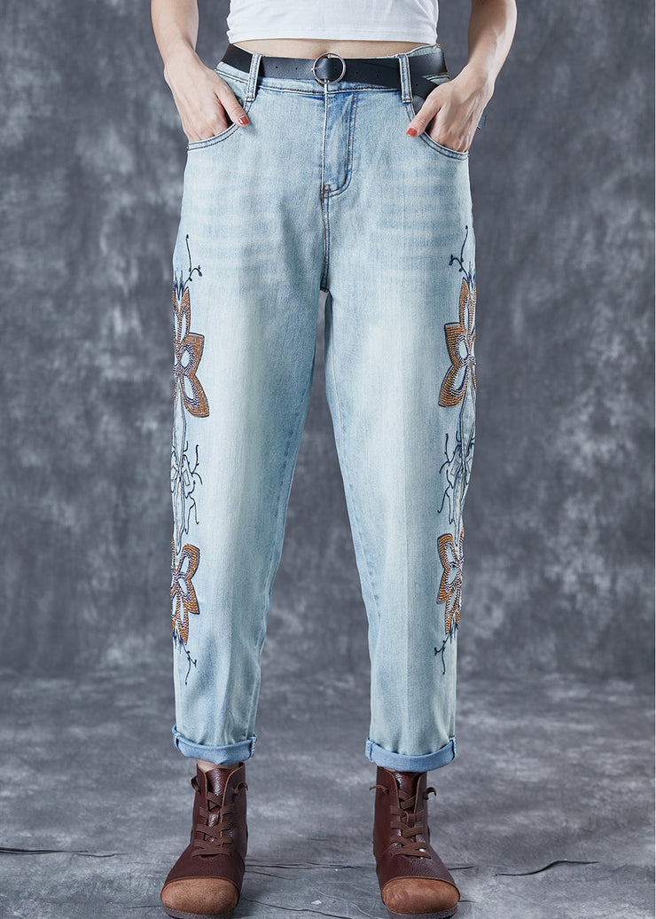 Chic Light Blue Embroideried Zircon Denim Harem Pants Summer