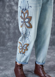 Chic Light Blue Embroideried Zircon Denim Harem Pants Summer