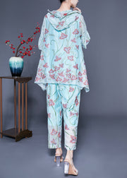 Chic Light Blue Hooded Ruffled Embroideried Silk Two Pieces Set Flare Sleeve