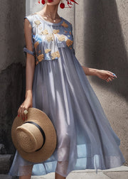 Chic Light Blue O Neck Print Patchwork Silk Long Dresses Summer