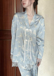 Chic Light Blue V Neck Print Button Ice Silk Pajamas Two Pieces Set Long Sleeve