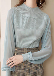 Chic Light Green Half Turtleneck Tulle Patchwork Woolen Sweaters Lantern Sleeve