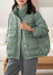 Chic Light Green Stand Collar Zip Up Pockets Duck Down Puffers Jackets Winter