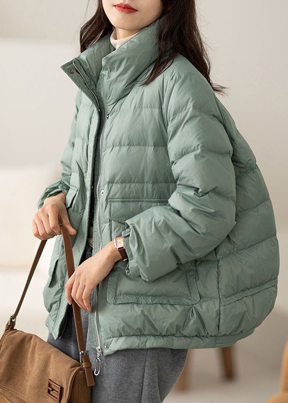 Chic Light Green Stand Collar Zip Up Pockets Duck Down Puffers Jackets Winter