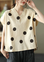 Chic Light Khaki V Neck Print Patchwork Linen T Shirt Tops Summer