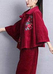 Chic Mulberry Peter Pan Collar Embroideried Corduroy Coats Cloak Sleeves