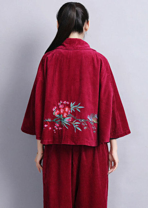 Chic Mulberry Peter Pan Collar Embroideried Corduroy Coats Cloak Sleeves