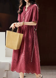 Chic Mulberry V Neck Hollow Out Sashes Cotton Maxi Dress Short Sleeve