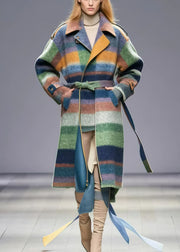 Chic Multicolor Tie Waist Striped Woolen Coat Fall