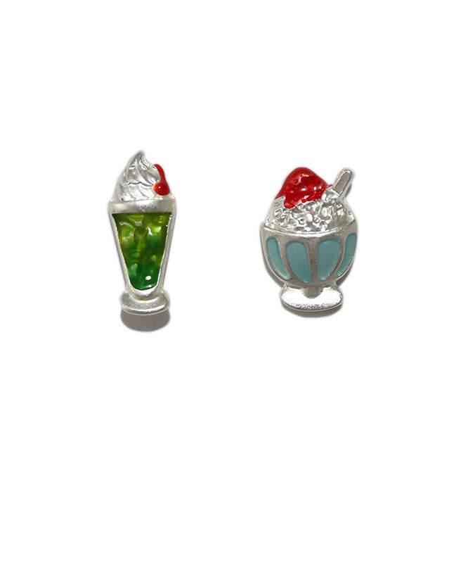 Chic Multicolour Asymmetrical Design Ice Cream And Sundae Metal Silver Stud Earrings