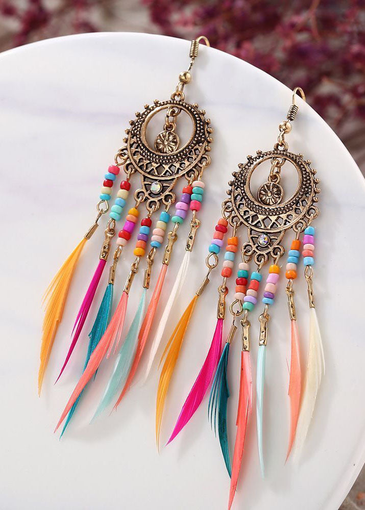 Chic Multicolour Feather Tassel Metal Drop Earrings