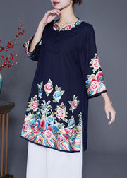 Chic Navy Embroideried Linen Long Shirt Bracelet Sleeve