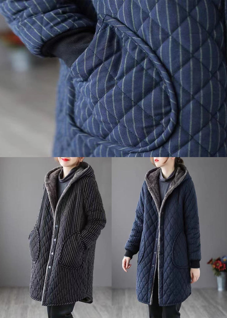 Chic Navy Hooded Striped Warm Fleece Parka Winter