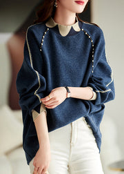 Chic Navy Nail Bead Thick Patchwork Woolen Knitted Tops Winter