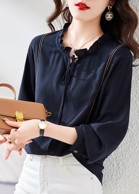 Chic Navy Neck Tie Patchwork Chiffon Shirt Long Sleeve