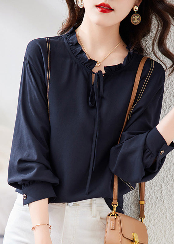 Chic Navy Neck Tie Patchwork Chiffon Shirt Long Sleeve