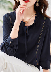 Chic Navy Neck Tie Patchwork Chiffon Shirt Long Sleeve