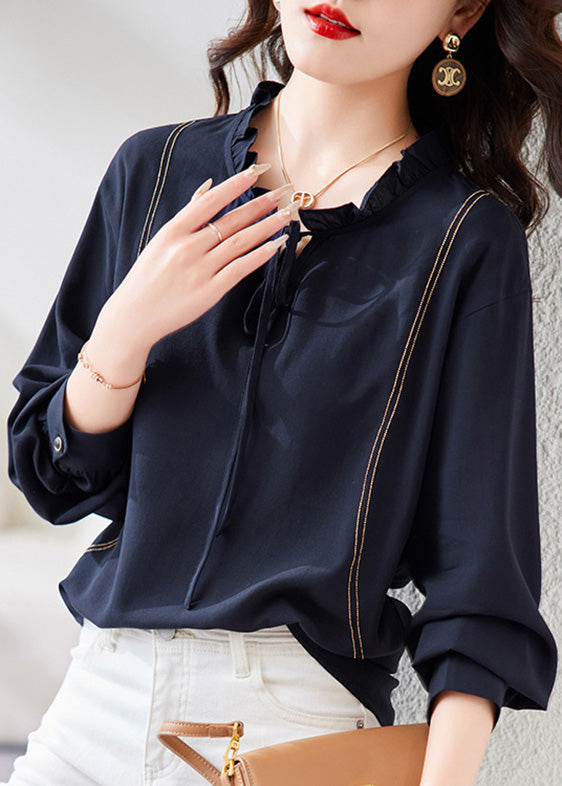 Chic Navy Neck Tie Patchwork Chiffon Shirt Long Sleeve