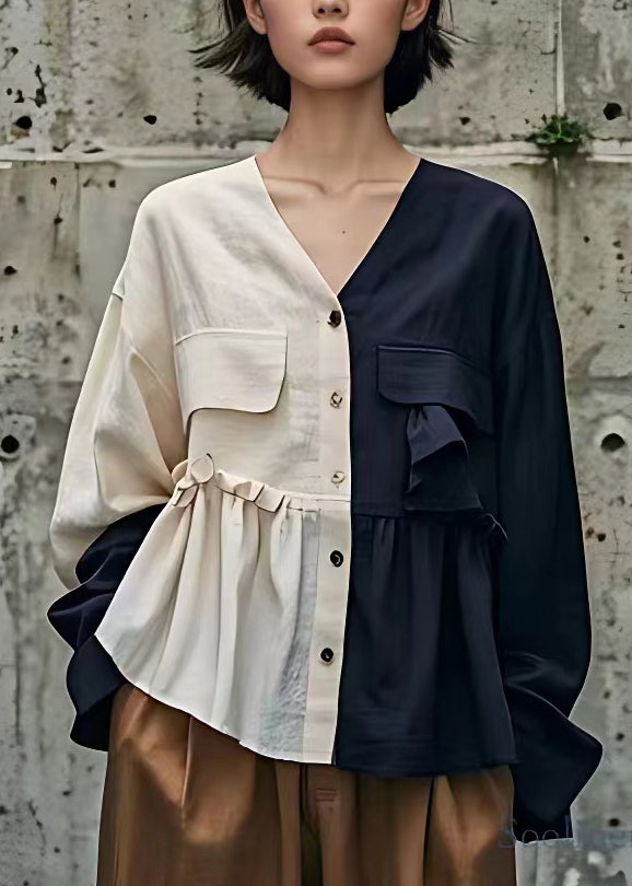 Chic Navy Patchwork Wrinkled Button Top Long Sleeve