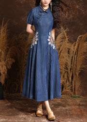 Chic Navy Peter Pan Collar Embroidered Button Denim Maxi Dresses Summer