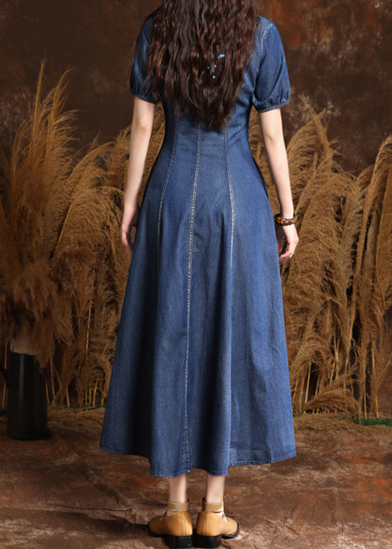 Chic Navy Peter Pan Collar Embroidered Button Denim Maxi Dresses Summer