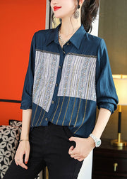 Chic Navy Peter Pan Collar Print Patchwork Button T Shirts Long Sleeve