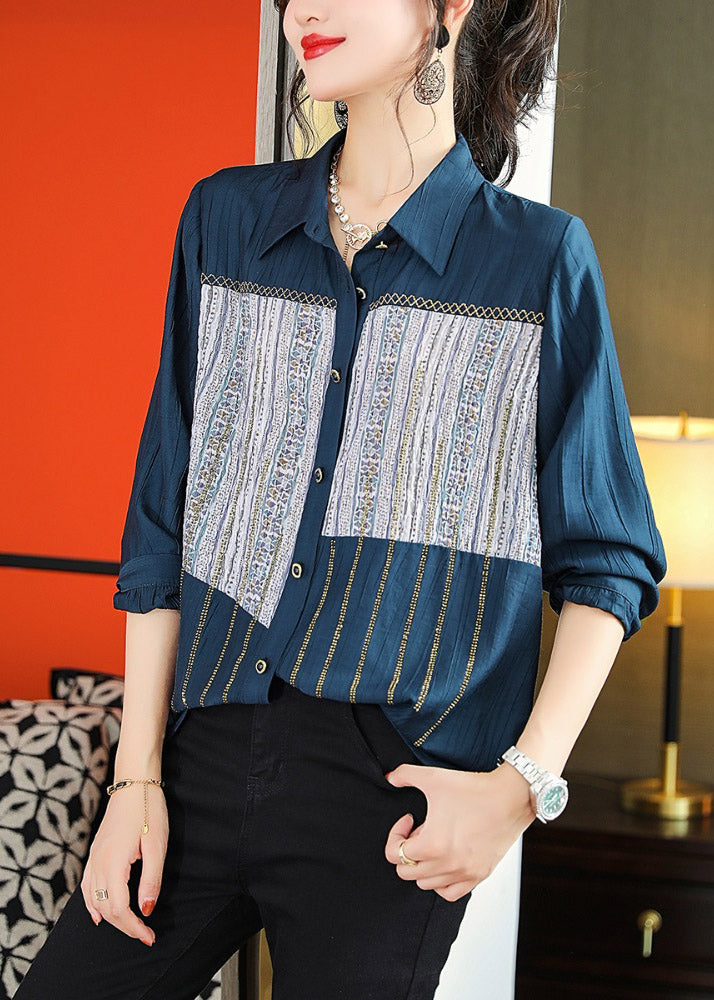 Chic Navy Peter Pan Collar Print Patchwork Button T Shirts Long Sleeve