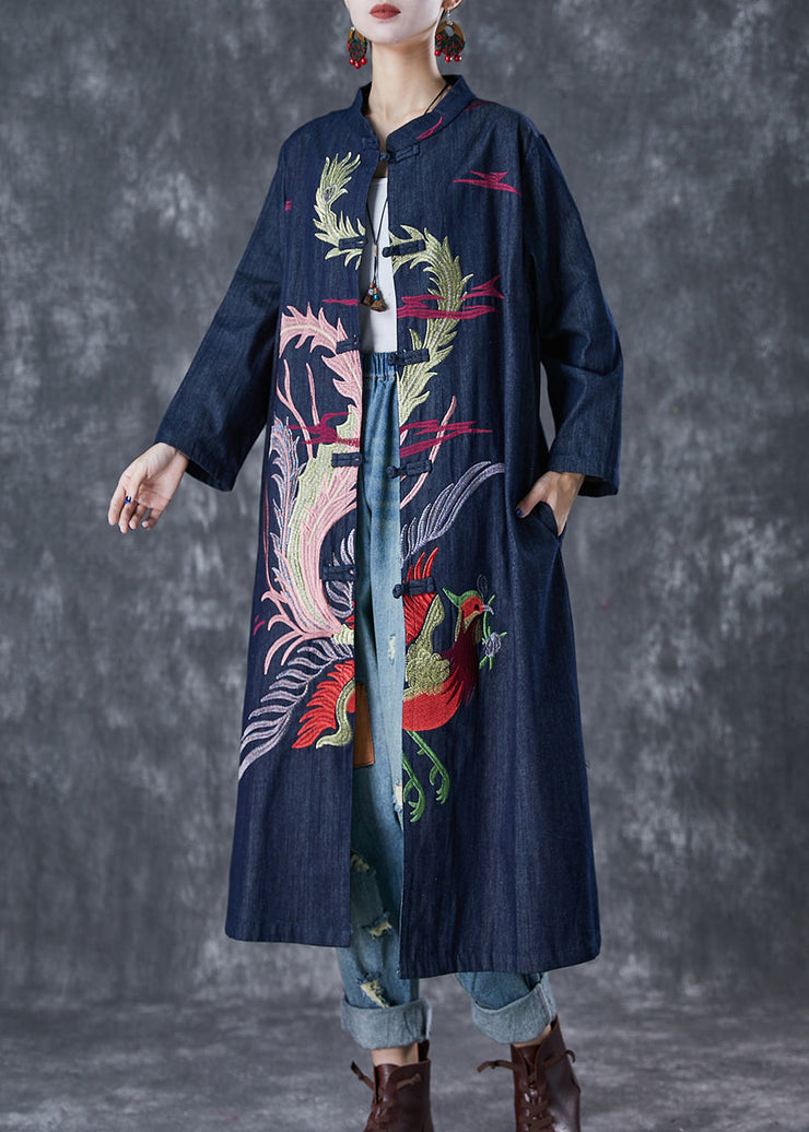 Chic Navy Phoenix Embroidered Chinese Button Denim Trench Fall