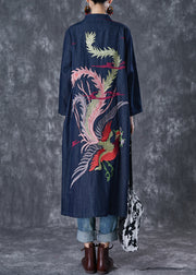 Chic Navy Phoenix Embroidered Chinese Button Denim Trench Fall