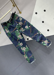 Chic Navy Pockets Floral Patchwork Denim Pants Fall