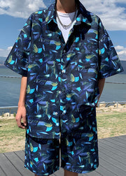 Chic Navy Print Pockets Ice Silk Mens Two Piece Set Short Sleeve