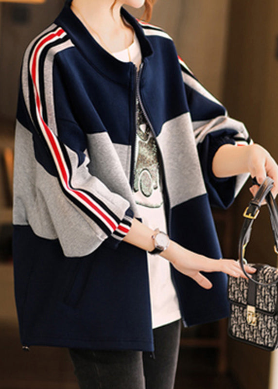 Chic Navy Stand Collar Zippered Patchwork Coat Fall