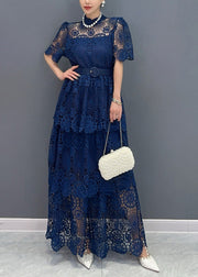 Chic Navy V Neck Sashes Hollow Out Lace Long Dresses Summer