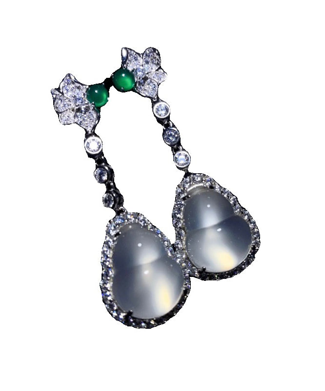 Chic Nude Sterling Silver Inlaid Zircon Jade Gourd Drop Earrings