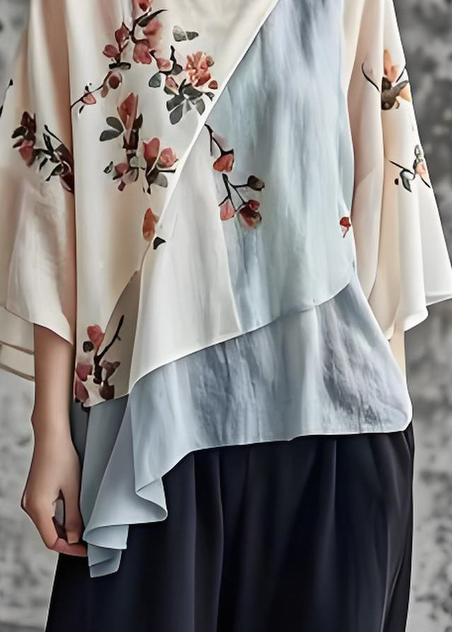 Chic O Neck Print Asymmetrical Patchwork Cotton Top Summer