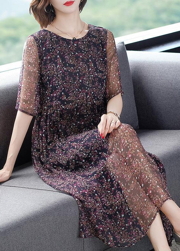 Chic O-Neck Print Wrinkled Silk Long Dresses Short Sleeve