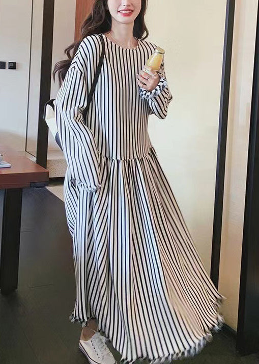 Chic O Neck Striped Patchwork Cotton Long Dresses Long Sleeve