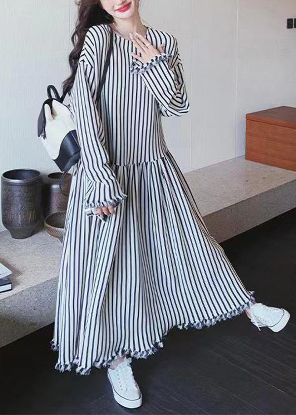 Chic O Neck Striped Patchwork Cotton Long Dresses Long Sleeve