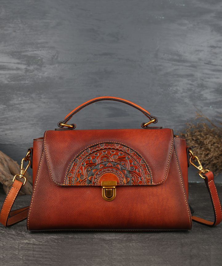 Chic Orange Brown The Sunflowers Calf Leather Tote Handbag