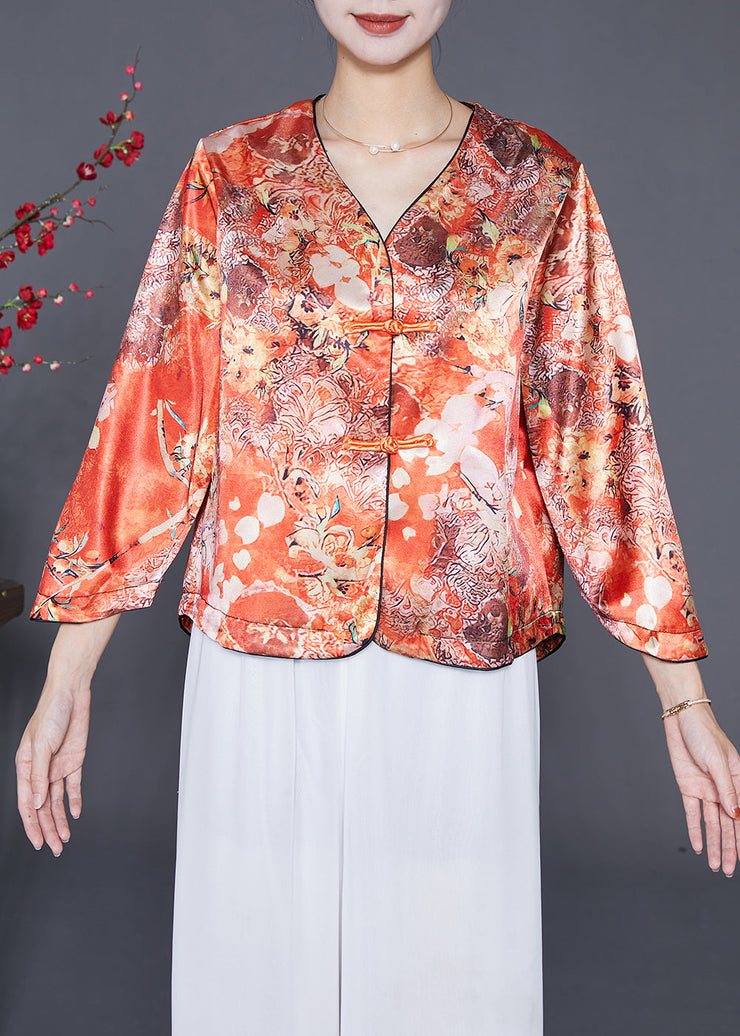 Chic Orange Chinese Button Print Silk Shirts Bracelet Sleeve