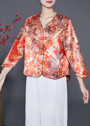 Chic Orange Chinese Button Print Silk Shirts Bracelet Sleeve