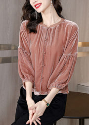 Chic Orange O-Neck Patchwork Silk Velour Shirts Bracelet Sleeve