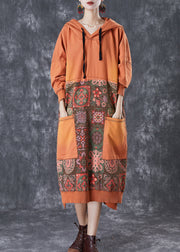 Chic Orange Oversized Patchwork Cotton Pullover Sweatshirt Dress Fall