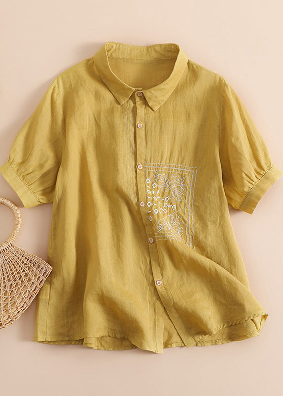 Chic Orange Peter Pan Collar Print Button Solid Linen Shirts Short Sleeve