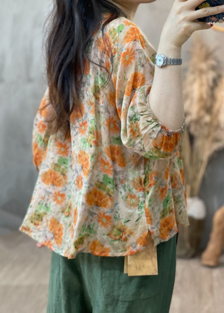 Chic Orange Print Ruffled Patchwork Button Shirt Long Sleeve