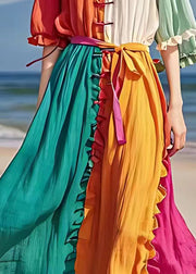 Chic Orange Ruffled Tie Waist Cotton Long Dress Half Sleeve