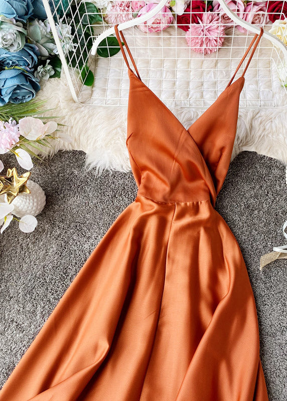 Chic Orange V Neck Patchwork Silk Slip Maxi Dress Summer