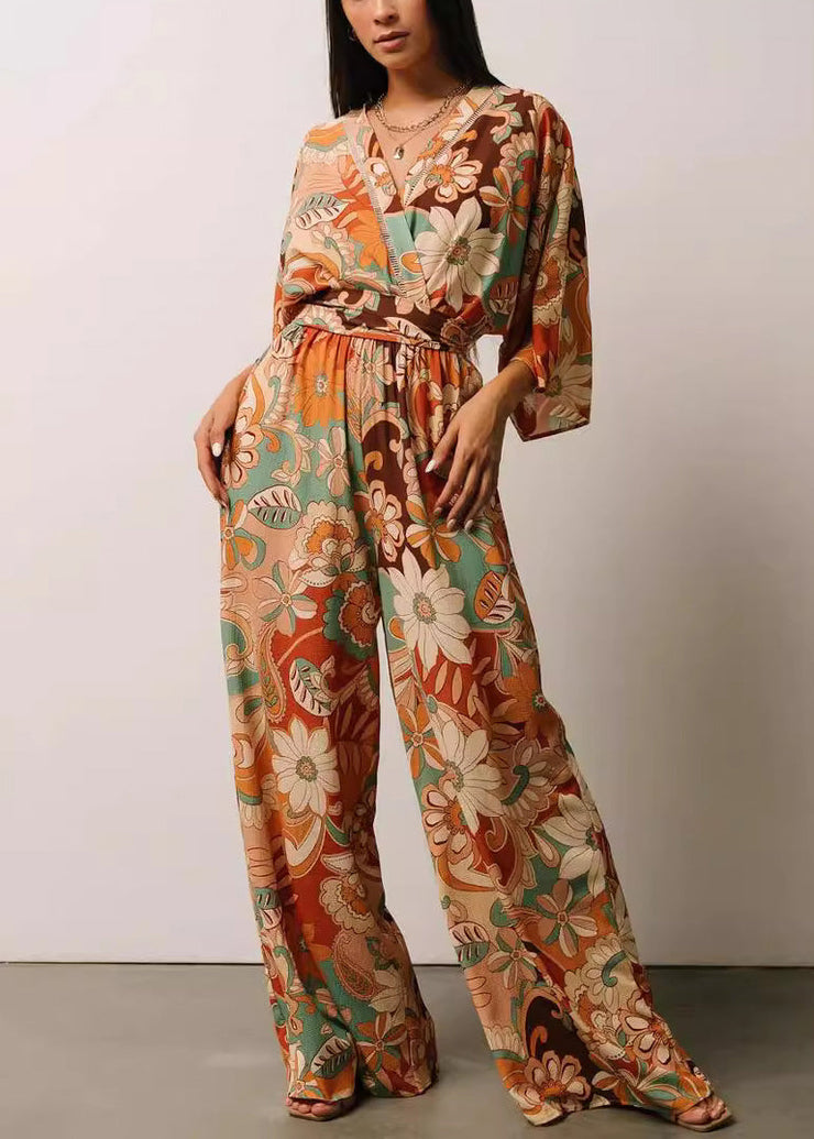 Chic Orange V Neck Print Lace Up Jumpsuits Half Sleeve